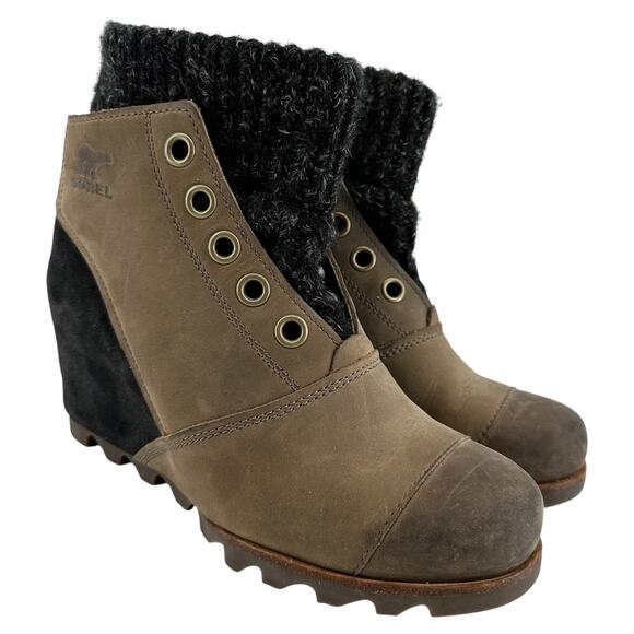 Sorel Joanie Sweater Wedge Boots Slip On Waterproof Snow Leather Tan Black 8.5 - Picture 2 of 7